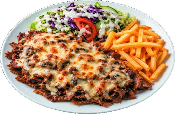 Überbackener Steak Döner mit Pommes und Salat