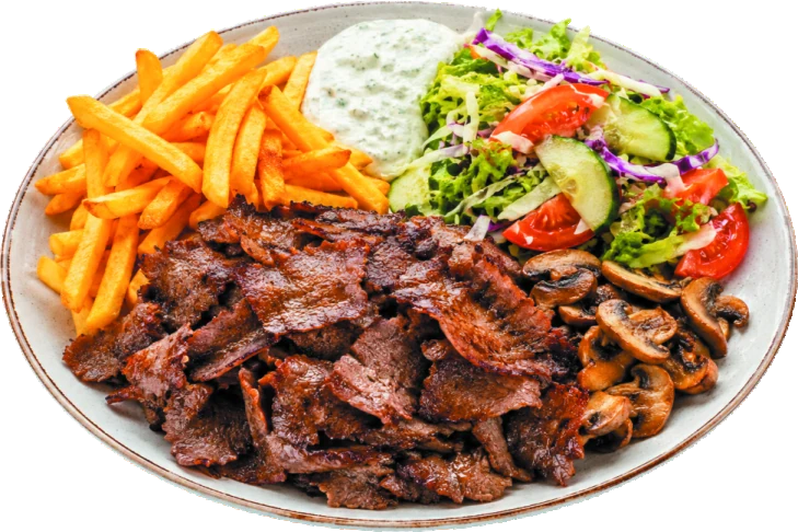 Steak Döner Teller mit Pommes, Salat und Sauce